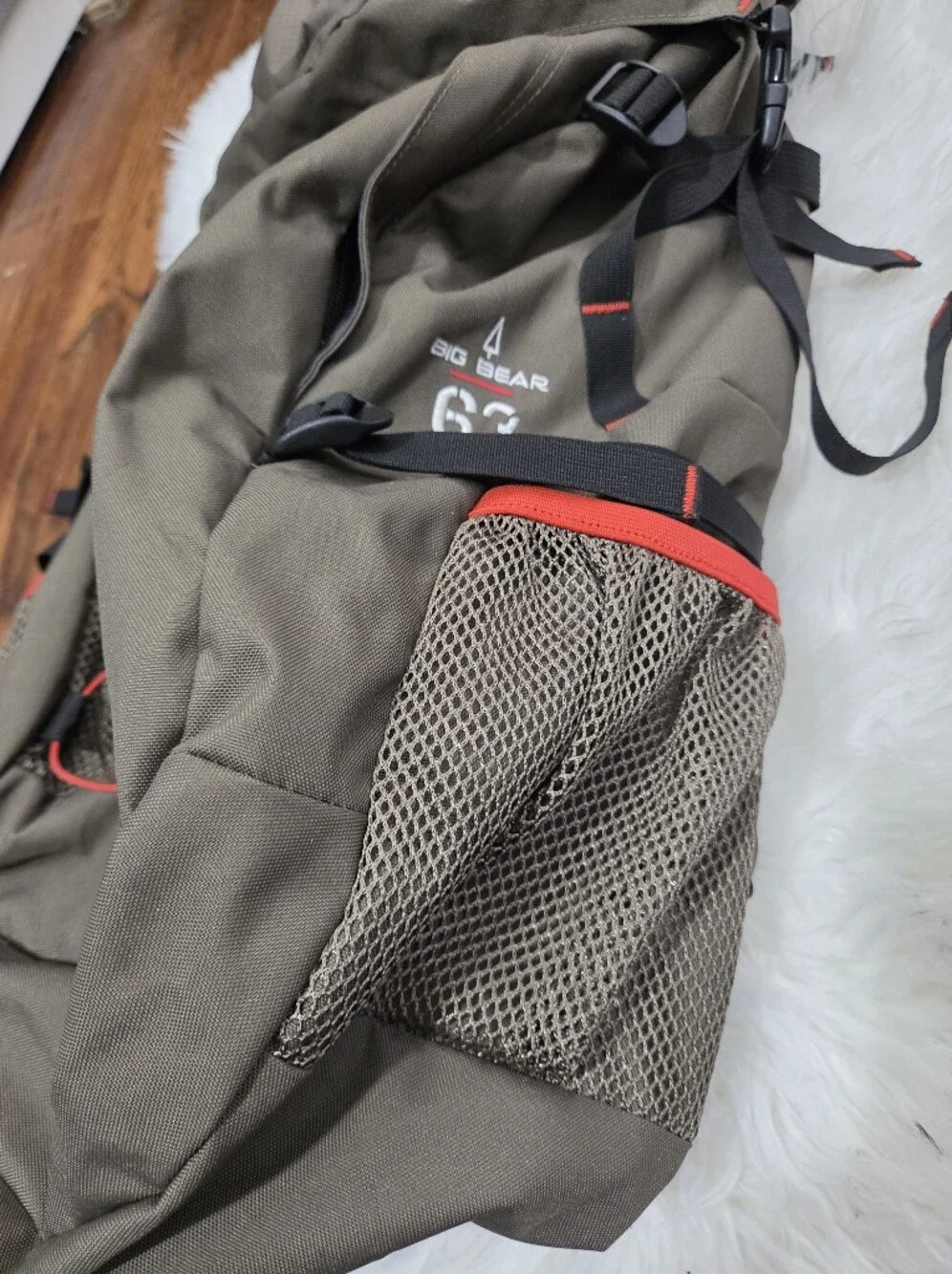 JanSport Khaki Roll-Top Hiking Backpack Camping with Orange Accents